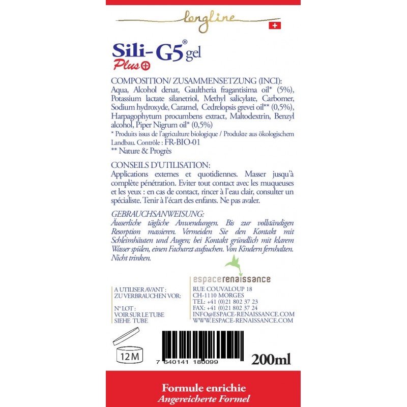 Gel di silicio organico, G5 PLUS - Arricchito con Harpagophytum e oli essenziali - 200ml - Longline
