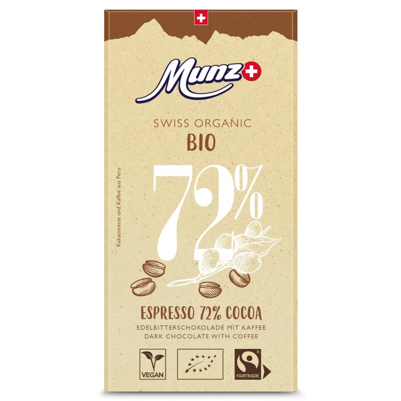 Chocolat noir au café - Expresso, 72% Cacao, au lait Suisse, Bio & équitable - 100gr - Munz