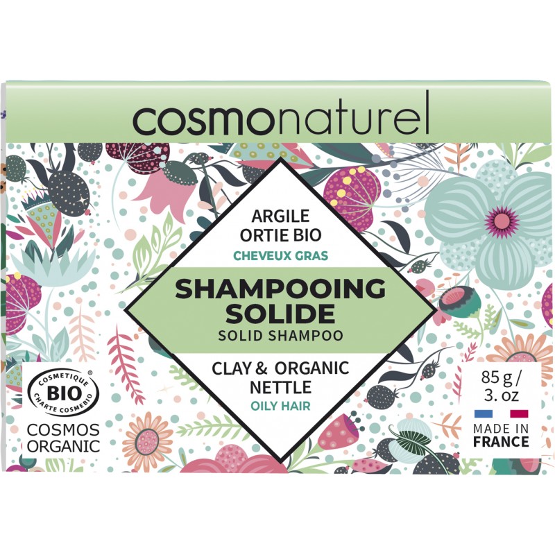 Shampoo solido organico, capelli grassi con argilla e ortica - 85g - Cosmo Naturel