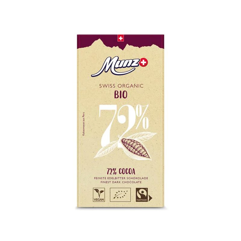 Schweizer Edelbitter Schokolade 72% Cacao, Milch aus der Schweiz, Bio & Fair - 100gr - Munz