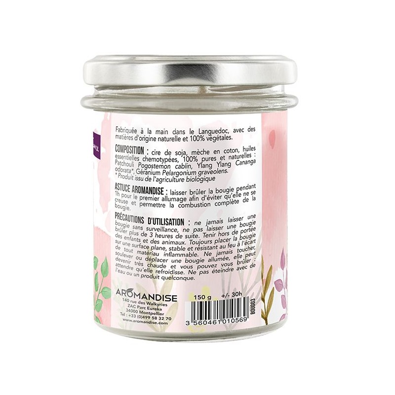 Bougie d'ambiance "Câline" 100% naturelle à la cire de soja, 30h - 150g - Aromandise