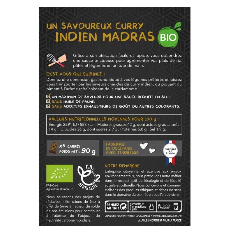 Salsa quadrata Bio, Madras Curry - 90g, 5 porzioni - Aromandise
