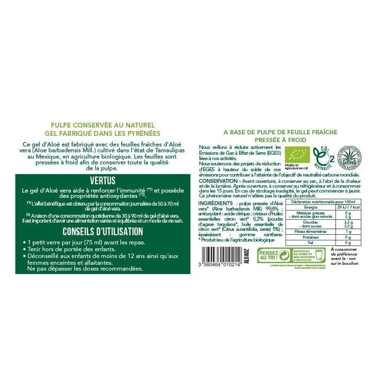 Gel à boire d'Aloe vera et citron vert - 0,5 litre - Aromanidse