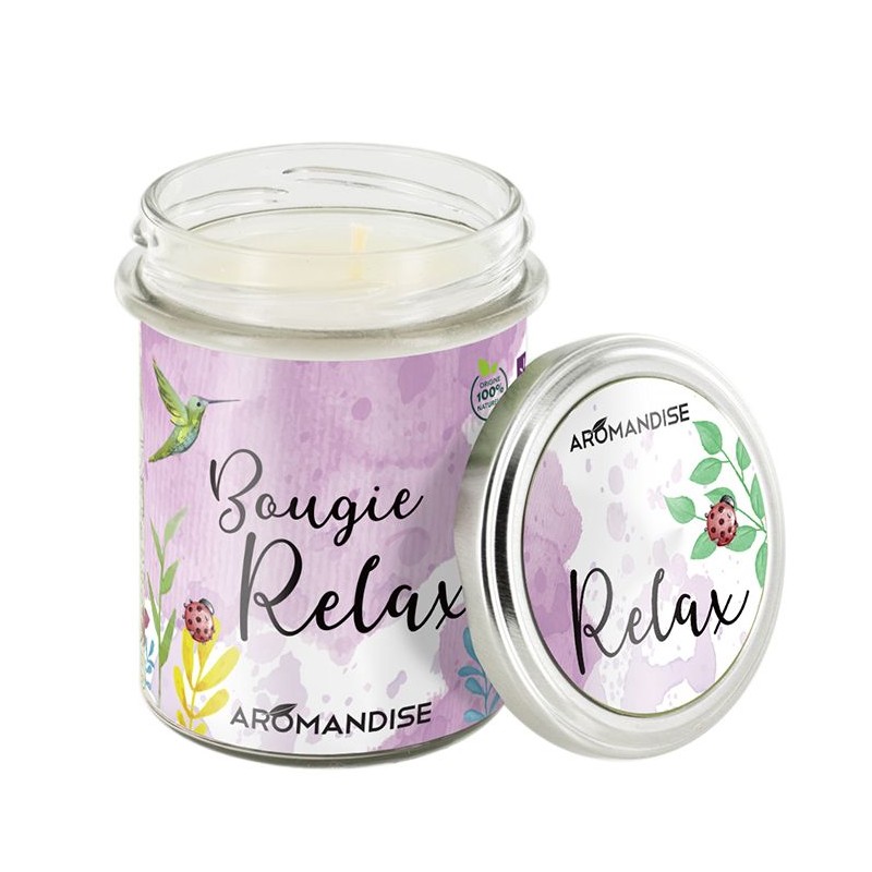 Bougie d'ambiance "Relax" 100% naturelle à la cire de soja, 30h - 150g - Aromandise