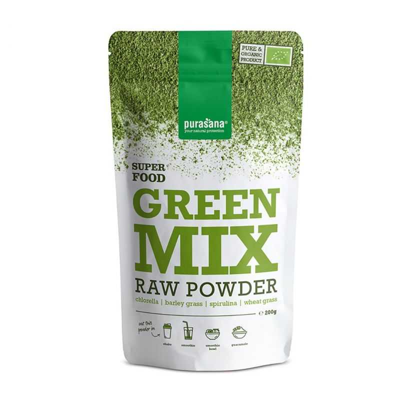 Green mix BIO, Pulver (Chlorella, Spirulina, Weizen & Gerste) - 200g - Purasana