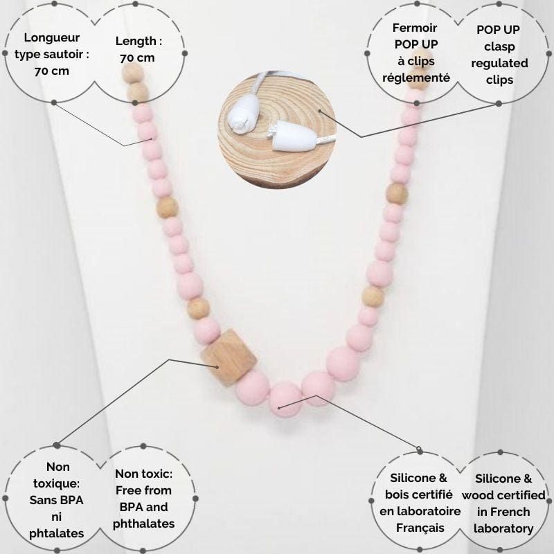 Collana da allattamento in silicone - Rosa e legno - Irréversible Bijoux