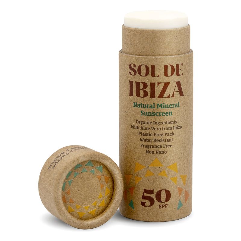 Protection solaire Naturelle Solide en Stick carton & sans eau - Pour le visage & le corps - Indice 50, 45g  - Sol de Ibiza