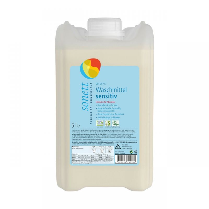 Ökologisches Flüssigwaschmittel, Sensitiv Ideal für Allergiker - 5 Liter - Sonett