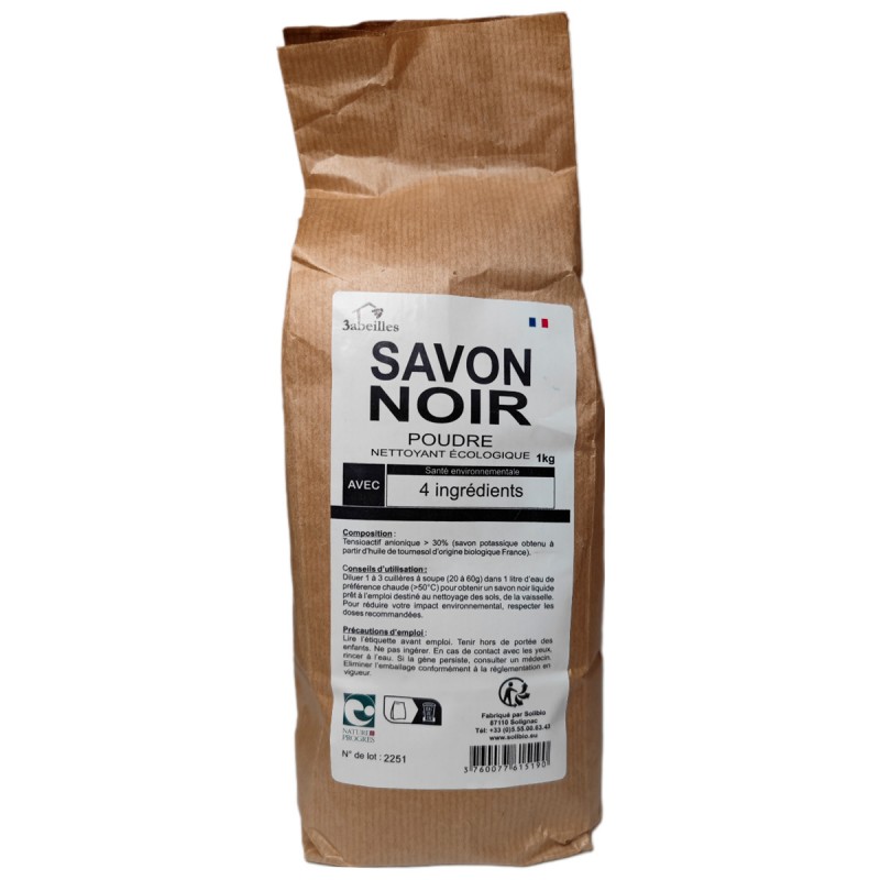 Sapone nero ecologico in polvere, con soli 4 ingredienti - 1 kg (=15 l di sapone liquido) - 3 api