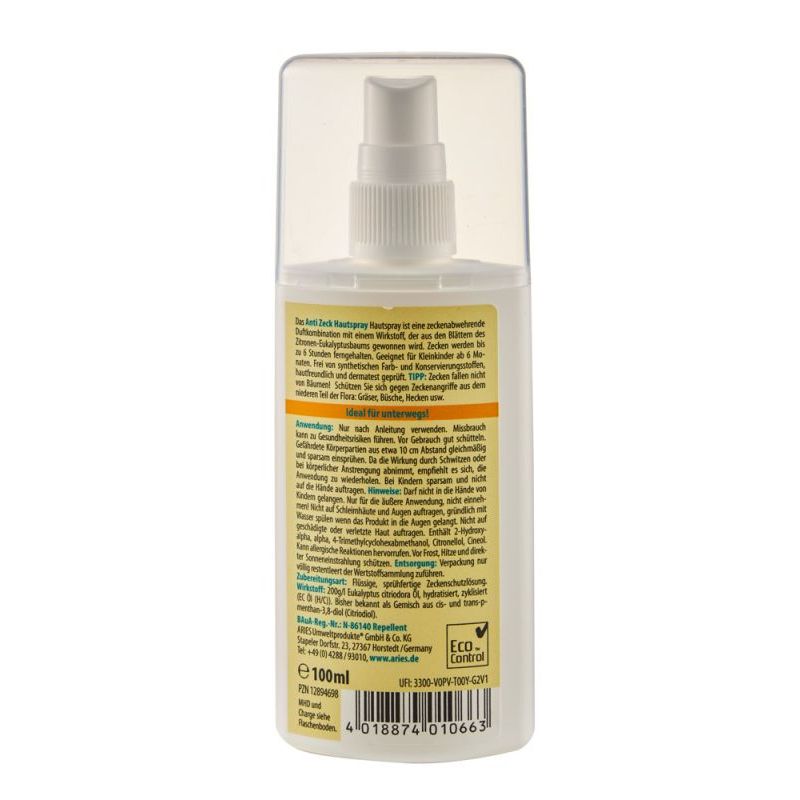 Spray antizecche, repellente naturale per la pelle - Efficacia di 6 ore - 100ml - Ariete