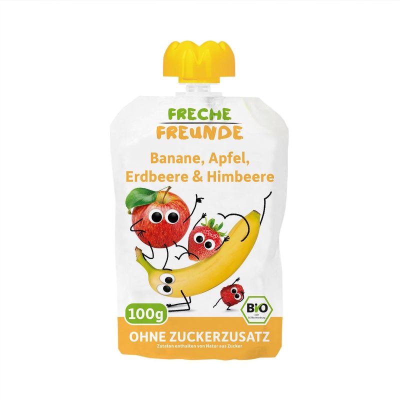 Composta di frutta BIO (Germania), mela, banana, fragola e lampone - 100g - Freche Freunde