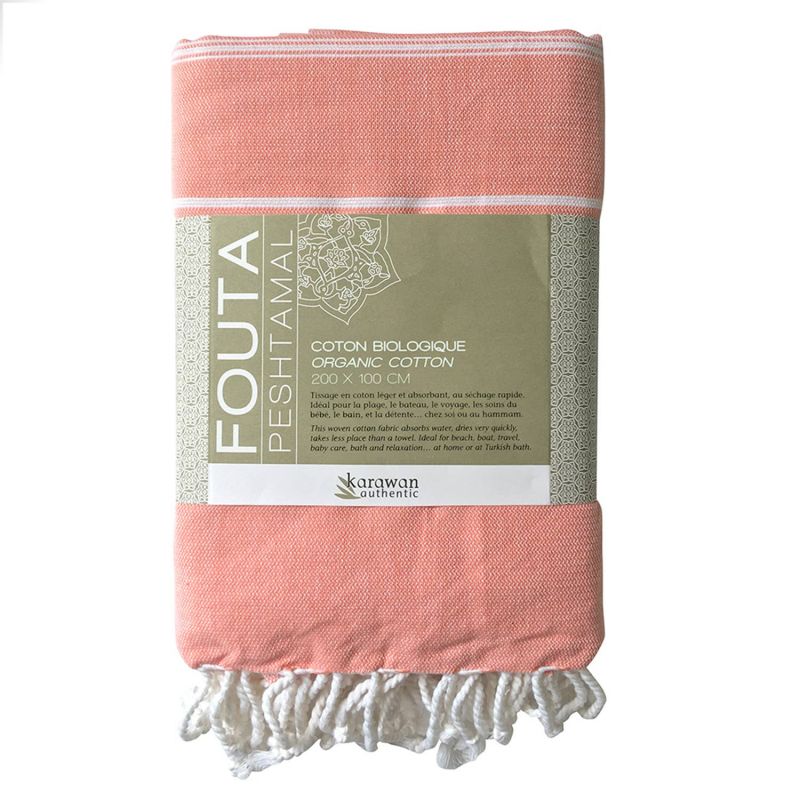 Fouta aus Bio-Baumwolle, Hammam-Kollektion, Weiß & Koralle - 100x200cm - Karawan