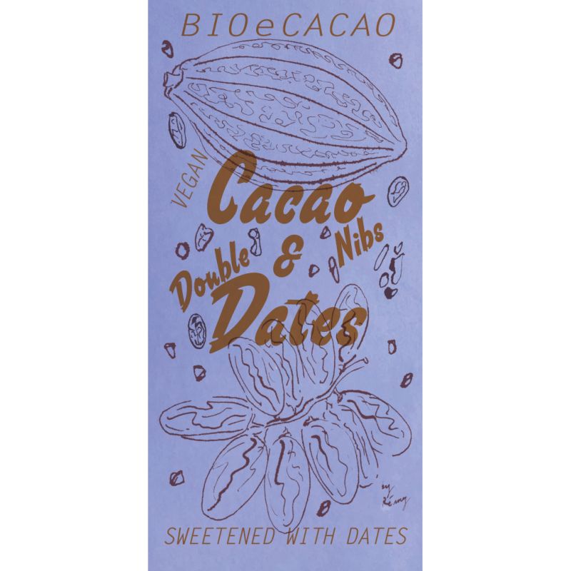 Cioccolato dolcificato solo con datteri, Double Dates & Nibs 51%, Biologico e Fairtrade - 90g - BIOeCacao