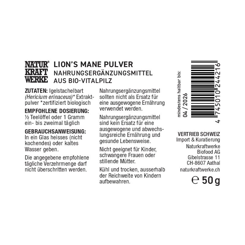 Lion's Mane BIO, polvere di estratto di fungo vital - 50g - NaturKraftWerke