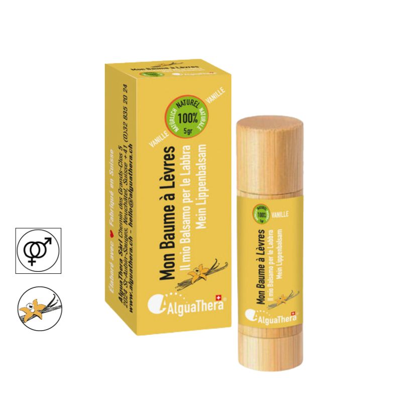 Balsamo labbra Svizzero 100% naturale con mandorla dolce - Tubo in legno, Vaniglia - 5g - AlguaThera