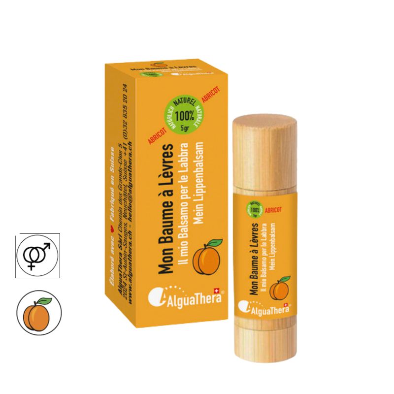 Balsamo labbra Svizzero 100% naturale con mandorla dolce - Tubo in legno, Albicocca - 5g - AlguaThera