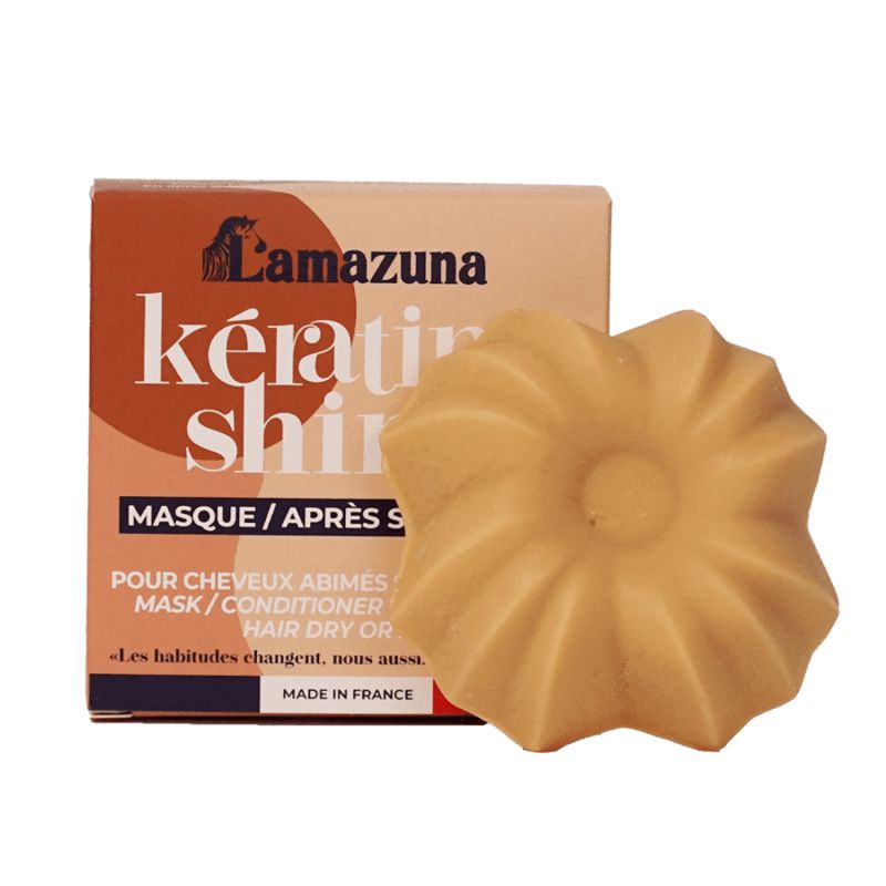 Masque après-shampooing solide à la kératine végétale pour cheveux abimés, secs ou ternes - Kératine Shine - 74ml - Lamazuna