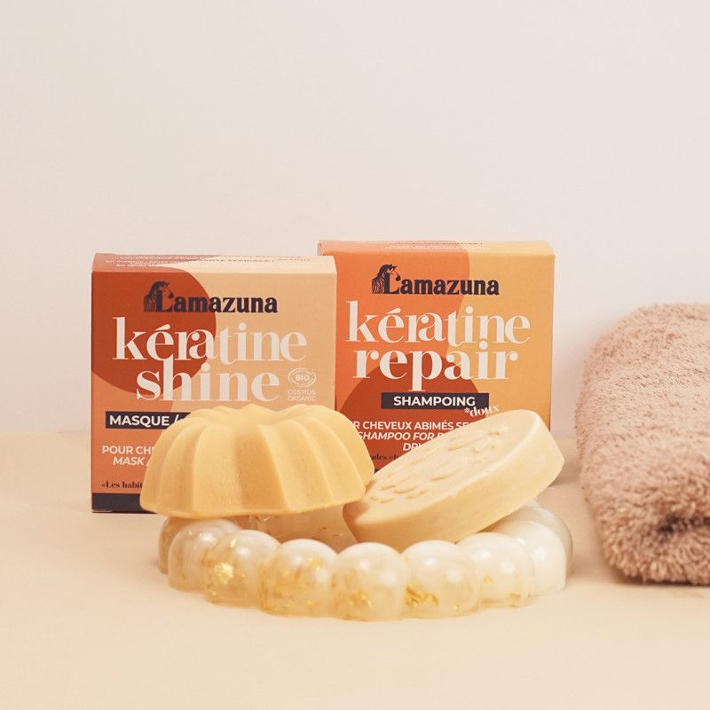 Masque après-shampooing solide à la kératine végétale pour cheveux abimés, secs ou ternes - Kératine Shine - 74ml - Lamazuna