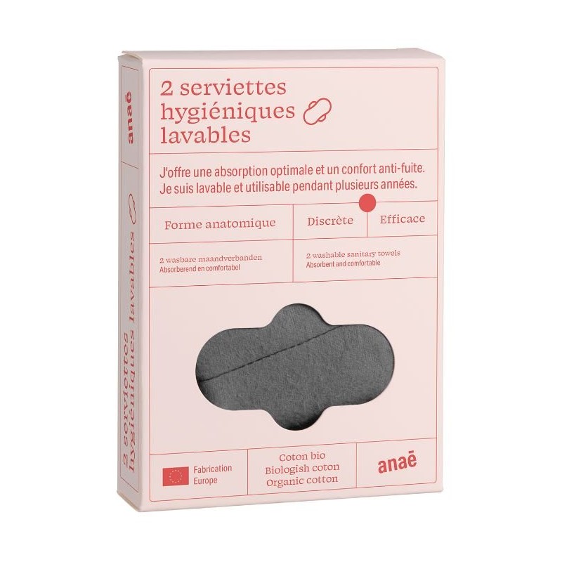 Serviettes hygiéniques lavables/réutiulisables Bi-Color en coton 100% BIO - 2 pces, Flux abondants  - Anaé