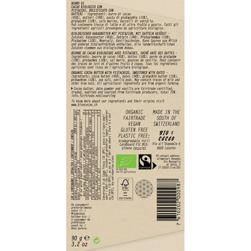 Bio Weiße Schokolade mit Datteln "White Pistachio", 45% Kakaobutter & Pistazie - Bio & Fairtrade - 90g - BIOeCacao