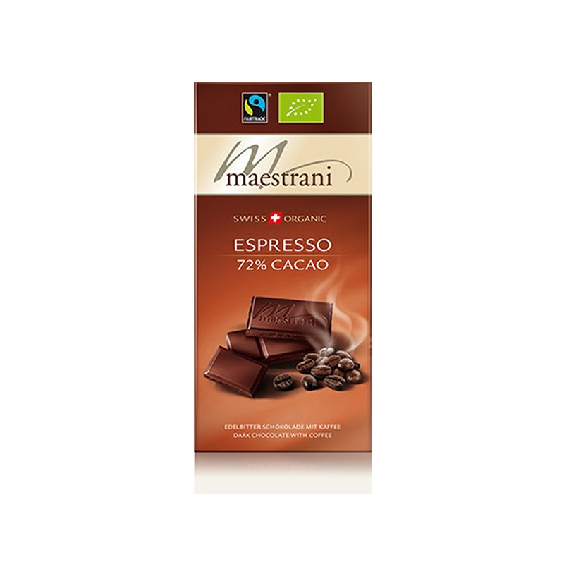 Dunkle Schweitzer Schokolade mit kaffee, 72% Cacao, Bio & Fair - 80gr - Maestrani