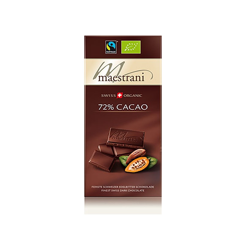 Schweizer Edelbitter Schokolade 72% Cacao, Milch aus der Schweiz, Bio & Fair - 80gr - Maestrani