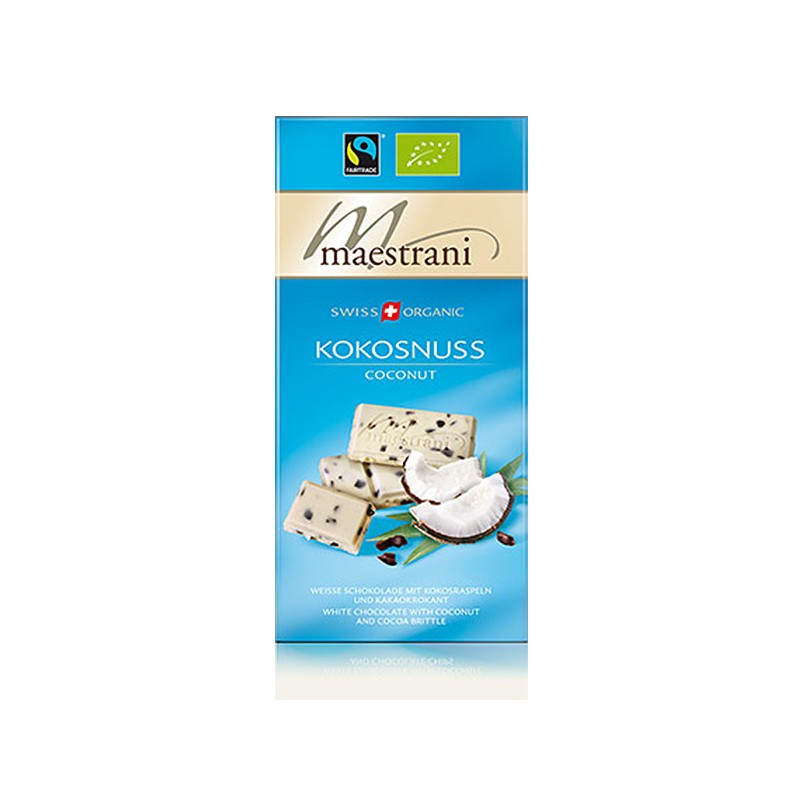 Chocolat blanc aux noix de coco, au lait Suisse, Bio & équitable - 80gr - Maestrani