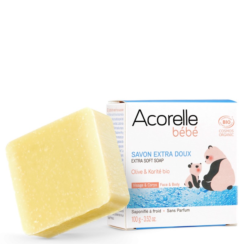 Bio Extra sanfte Seife für Baby, Gesicht & Körper - Olive und Shea, parfümfrei - 100g - Acorelle