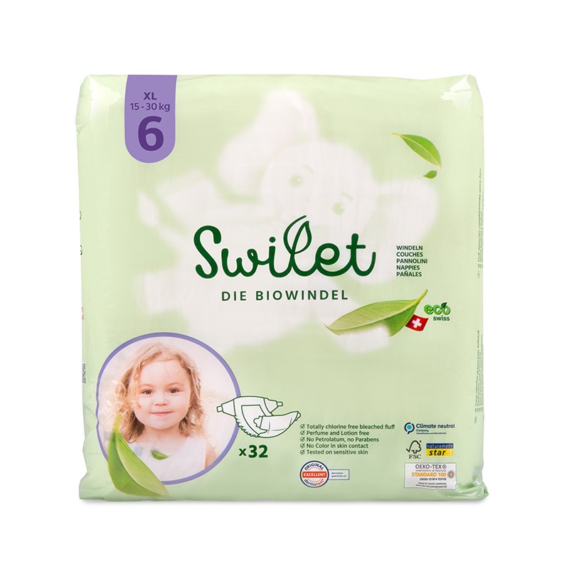 Couches pour bébé BIO & 100% suisse - Taille 6, Junior (15 à 30 kg) - 32pces - Swilet