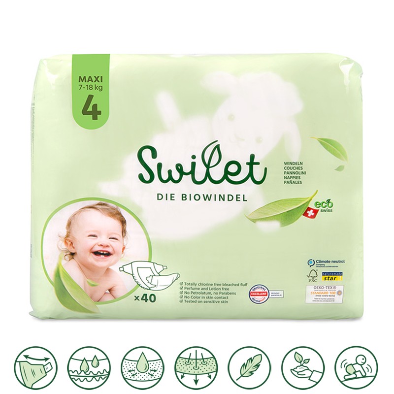 Couches pour bébé BIO & 100% suisse - Taille 4, Maxi (7 à 18 kg) - 40pces - Swilet